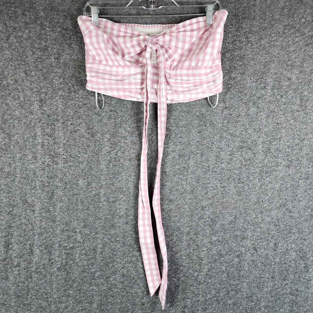 Abercrombie & Fitch Tube Top Womens L Pink Gingham Smocked Tie Front EUC